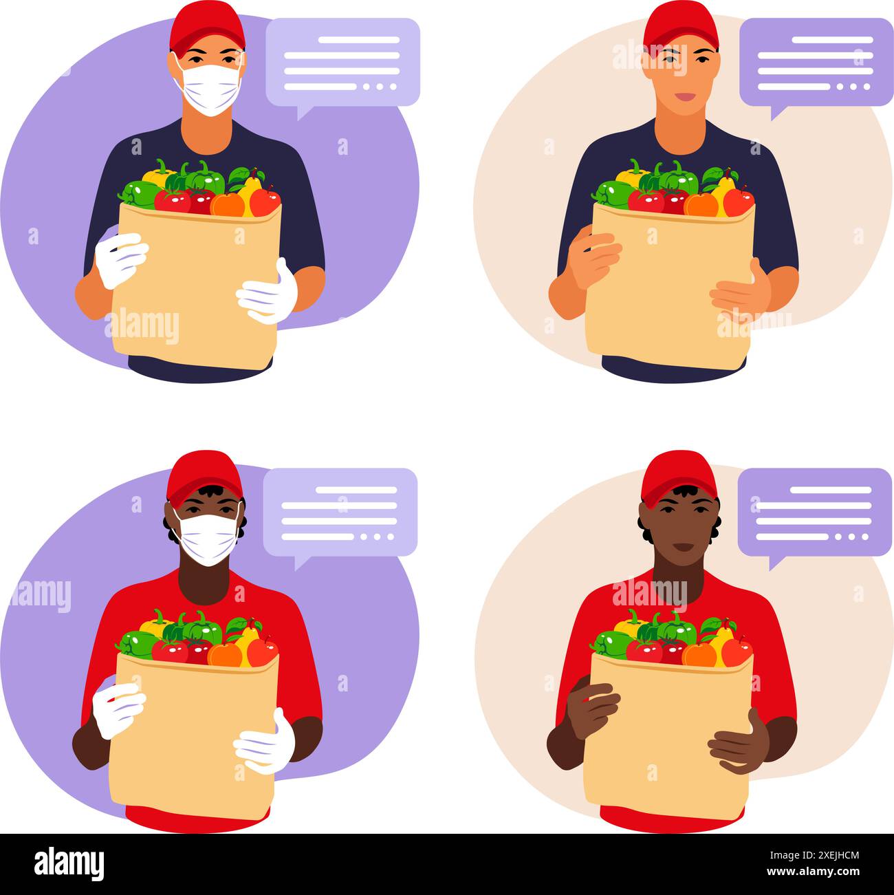 Warenlieferung während der Coronovirus-Prophylaxe, COVID-19. Kurier in einer Gesichtsmaske mit einer Kiste in der Hand. Porträt von der Taille nach oben. Vektor Stock Vektor