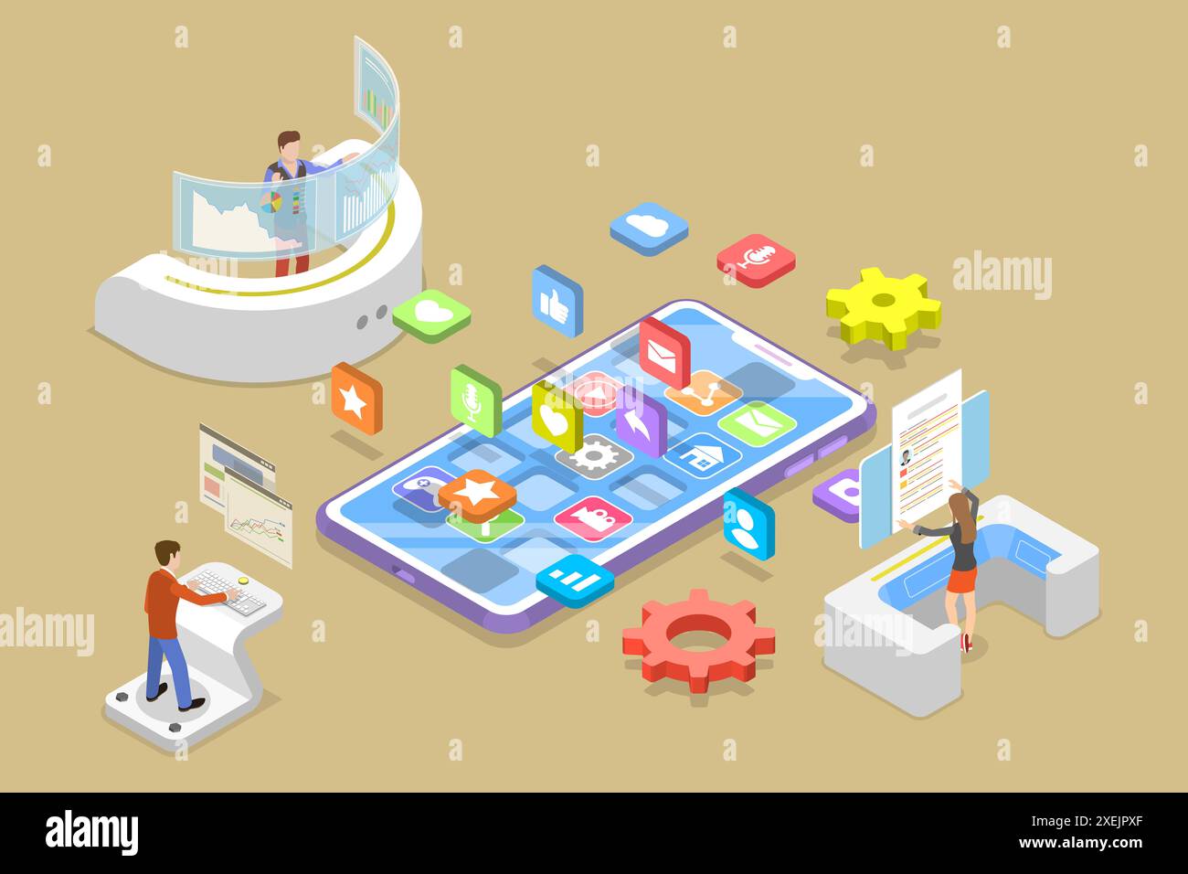 3D Isometric Flat Conceptual Illustration of React Native Development, Mobile App Design 3D Isometric Flat Conceptual Illustra Stockfoto