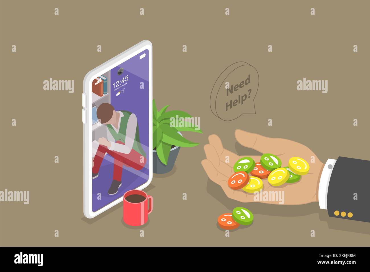 3D Isometrische flache konzeptionelle Illustration der psychischen Gesundheit Hotline, psychologische Therapie und Behandlung 3D Isometrische flache Konz Stockfoto