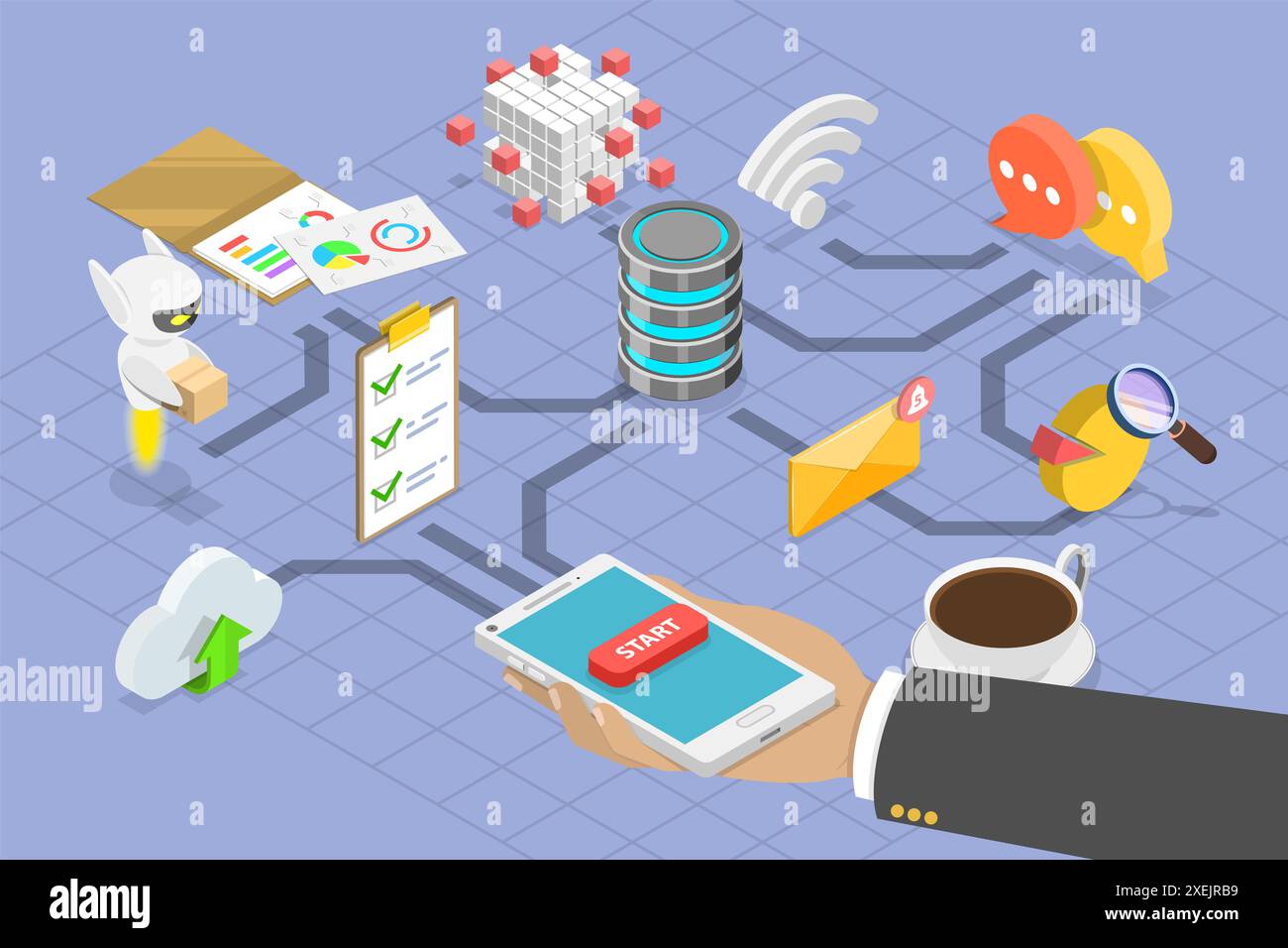 3D Isometric Flat Conceptual Illustration der digitalen Transformation, Automatisierung und Cloud Computing 3D Isometric Flat Conceptu Stockfoto