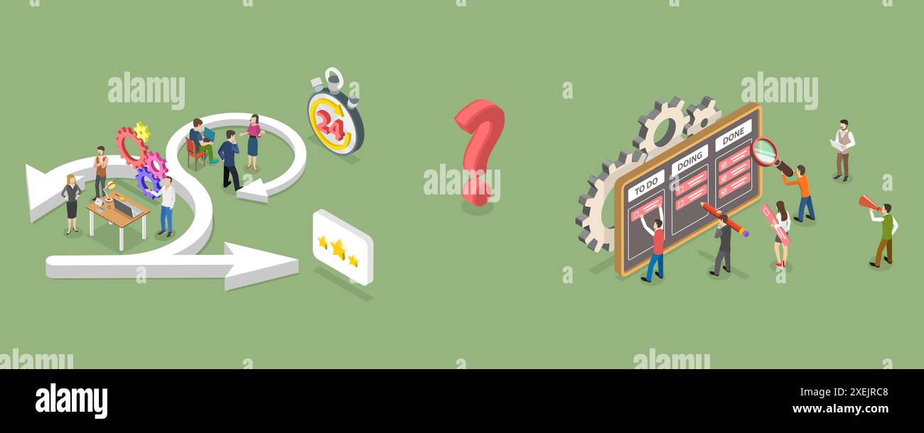 3D Isometric Flat Conceptual Illustration of Scrum vs. Kanban, Software Development Methodology 3D Isometric Flat Conceptual Il Stockfoto
