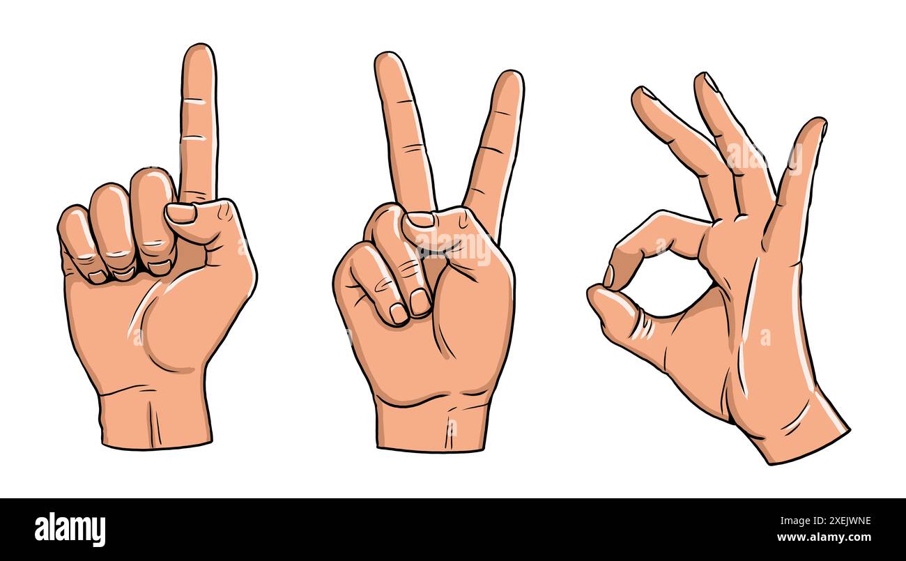 Farbige Zeichnung von Handgesten und Gebärdensprache. Sieg, OK Geste. Stockfoto