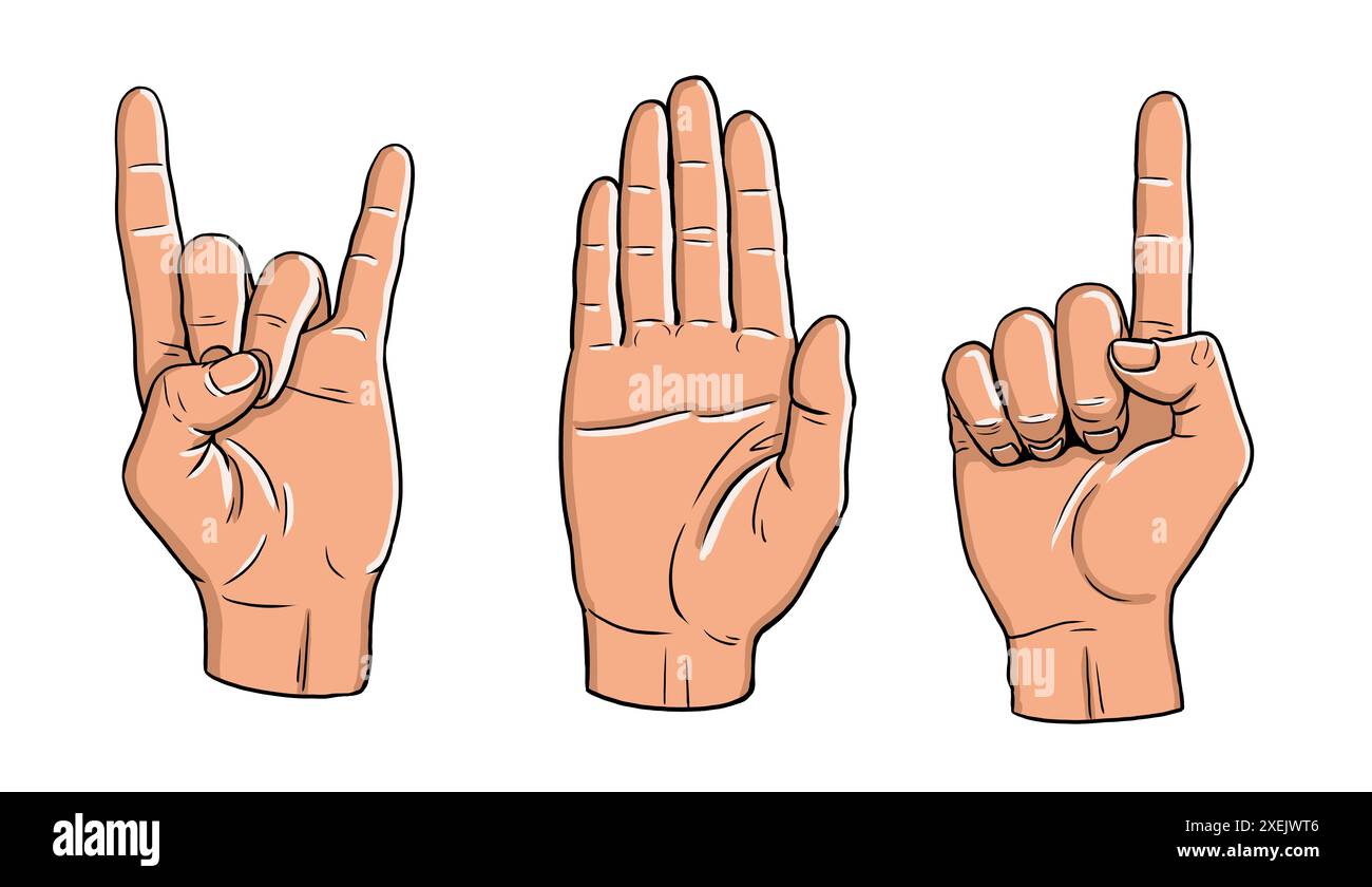 Farbige Zeichnung von Handgesten und Gebärdensprache. Stop, Rock 'n' Roll und Zeigefinger nach oben bewegen. Stockfoto