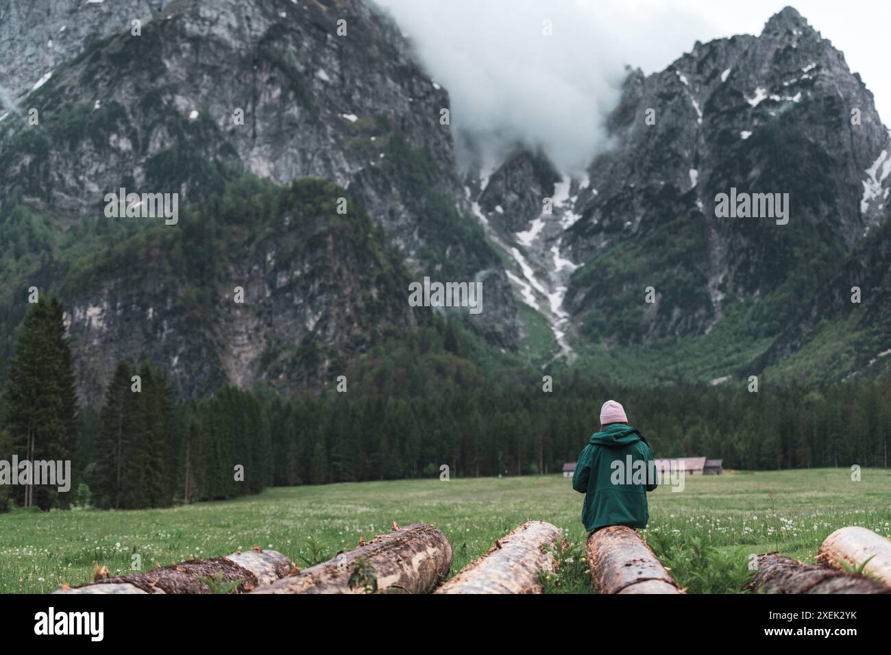 Happy weibliche Wanderer, die sich auf ein Sommerabenteuer in den Alpen begeben Stockfoto