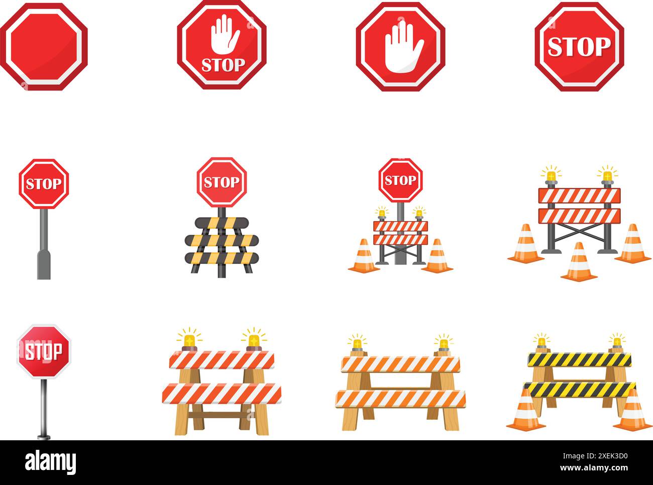 Das Symbol „Verkehrssperre stoppen“ ist flach eingestellt. Vektorillustration für Straßenarbeiten auf isoliertem Hintergrund. Sicherheitsbarrikadenschild Geschäftskonzept. Stock Vektor