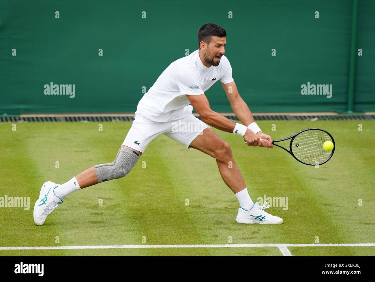 Novak Djokovic auf dem Übungsplatz im All England Lawn Tennis and Croquet Club in London vor den Wimbledon Championships, die am 1. Juli beginnen. Bilddatum: Freitag, 28. Juni 2024. Stockfoto