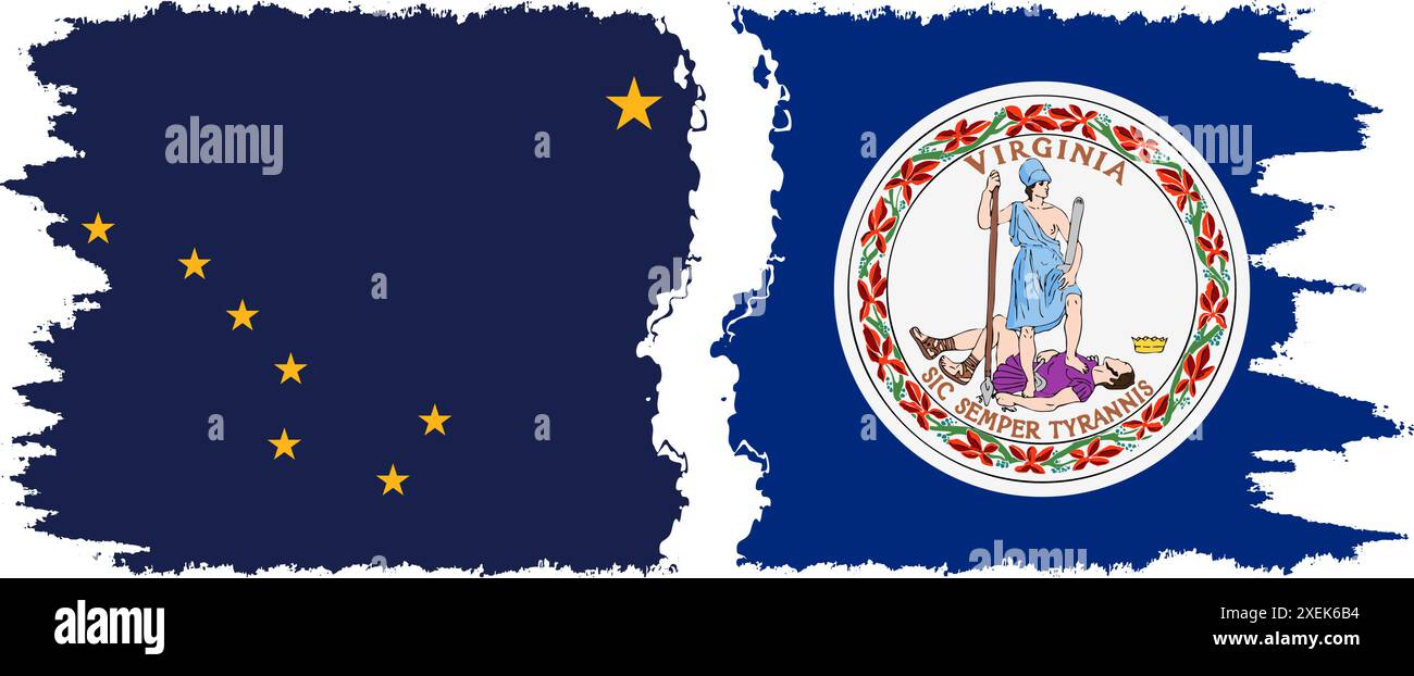 Virginia und Alaska staaten Grunge Pinsel Flags Verbindung, Vektor Stock Vektor