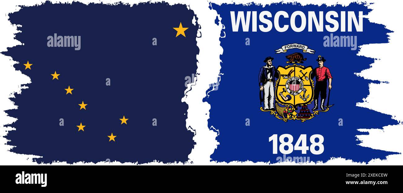 Wisconsin und Alaska staaten Grunge Pinsel Flags Verbindung, Vektor Stock Vektor