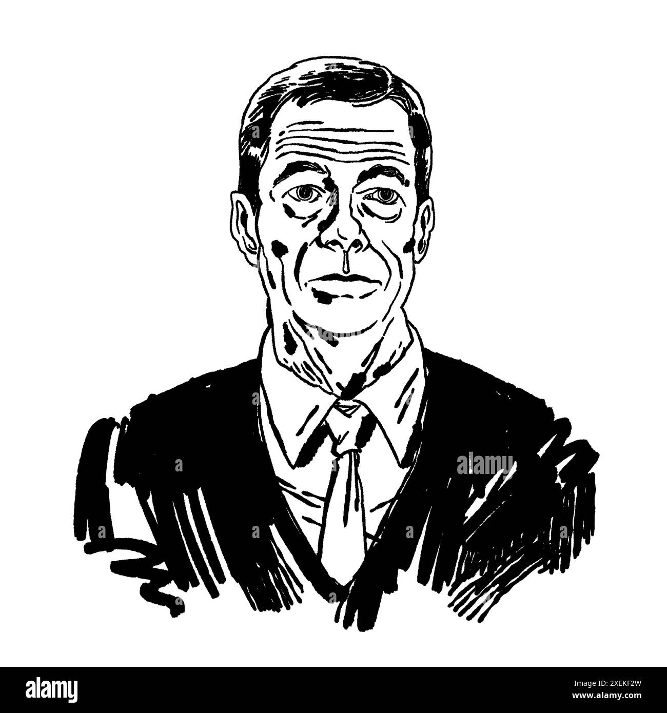 Nigel Farage, britischer Politiker, Vorsitzender der Reform UK Party, kandidiert für die Parlamentswahlen in Großbritannien. Flache Farben und schwarze Kontur. Stockfoto