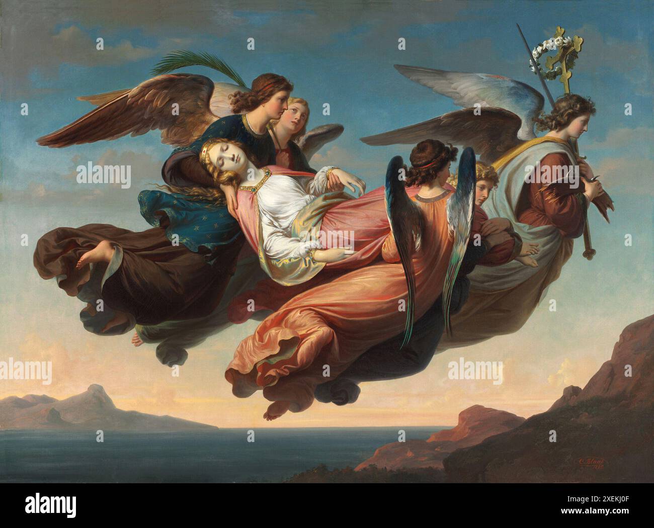 Gemälde der wundersamen Übersetzung des Körpers der Heiligen Katharina von Alexandria in den Sinai durch den österreichischen Maler Karl von Blass 1860 Öl auf Leinwand retuschiert Kunstwerk Meisterwerk historisches Bild. Zeigt Engel, die den Körper des märtyrerheiligen auf den Berg Sinai tragen, einer alten Legende folgend Stockfoto