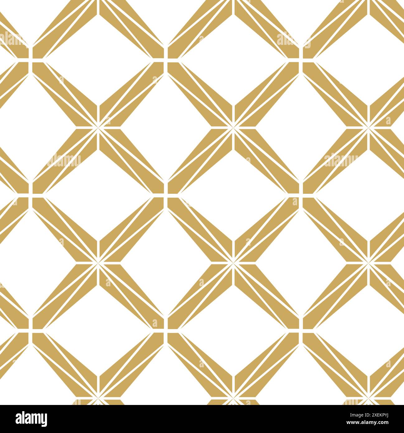 Abstraktes geometrisches Muster mit Kreuzen, Streifen, Linien. Nahtloser Vektorhintergrund. Weiße und goldene Blumenschmuck. Modernes, vernetztes Grafikdesign Stockfoto