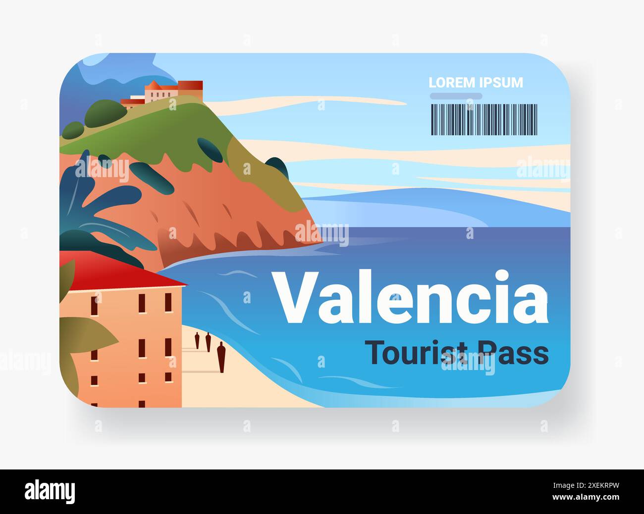 Valencia Küstenlandschaft mit Strandhügeln, Gebäuden und Meer Stock Vektor