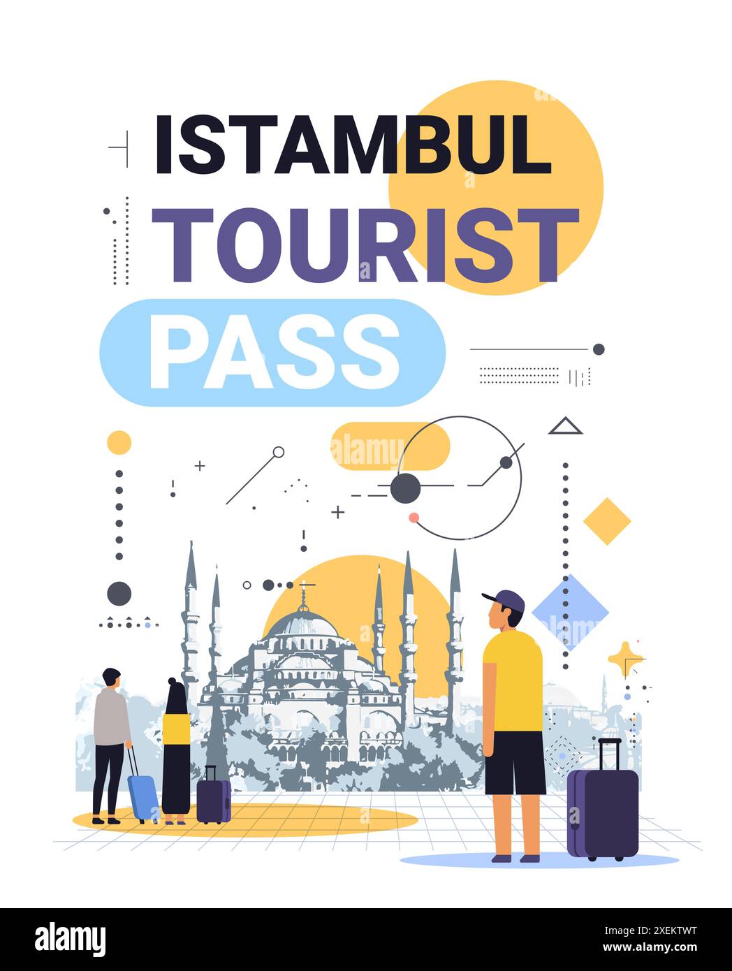 Istanbul-Reiseszene mit Touristen-Gepäckmoschee abstrakte geometrische Designelemente farbenfroher moderner Stil Stock Vektor