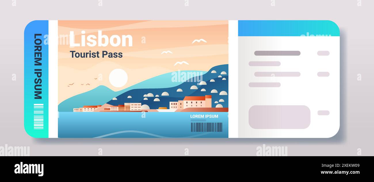 Touristenpass Design mit Küstenstadt Sonnenuntergang Berge Gebäude Vögel Barcode in flachem Stil Stock Vektor