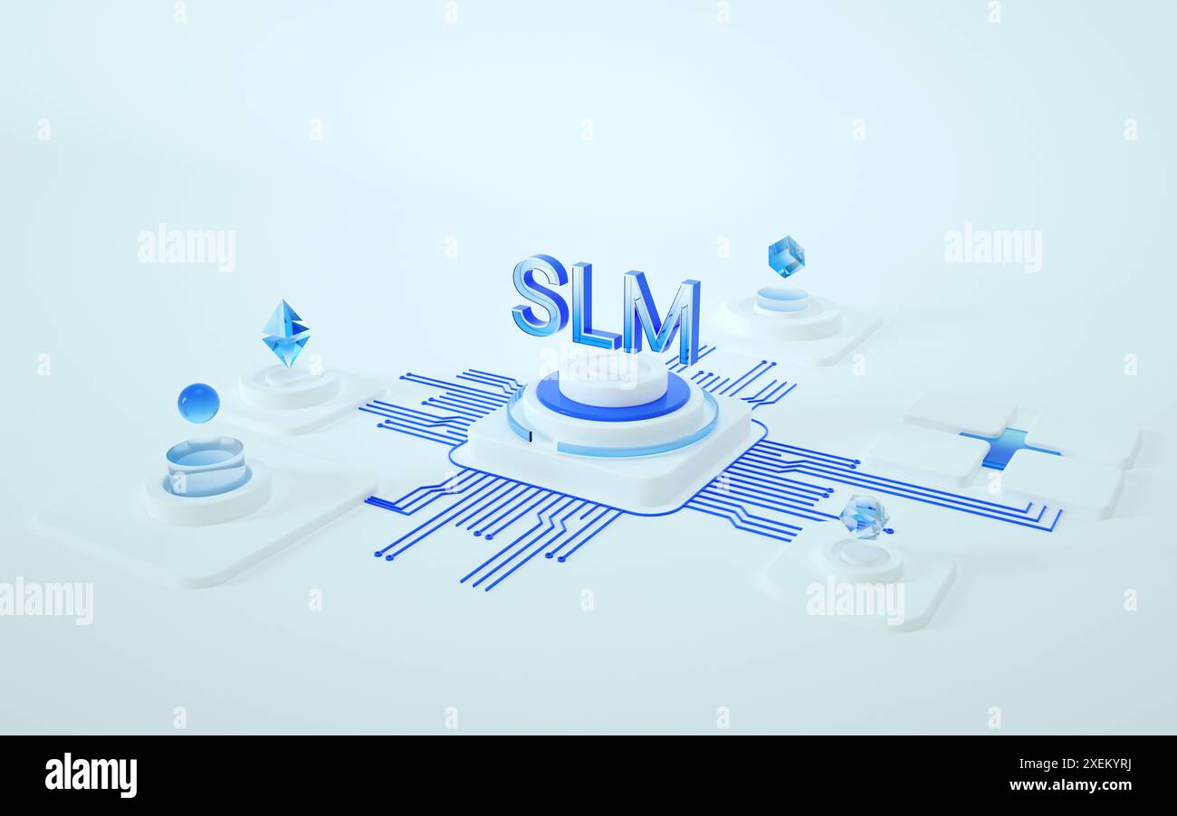 KI-Computer-Rechenzentrum, KI-Chatbot-Hello-Konzept. SLM, kleines Sprachmodell mit Chatbot-Konzept. 3D-Rendering Stockfoto