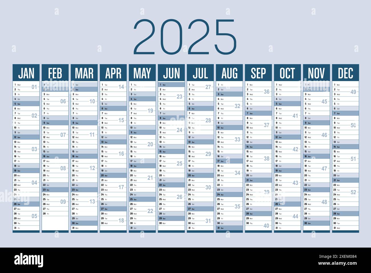 Blauer Wandkalender des Jahres 2025 auf weißem Hintergrund, englische Sprache, Vektorvorlage Stock Vektor