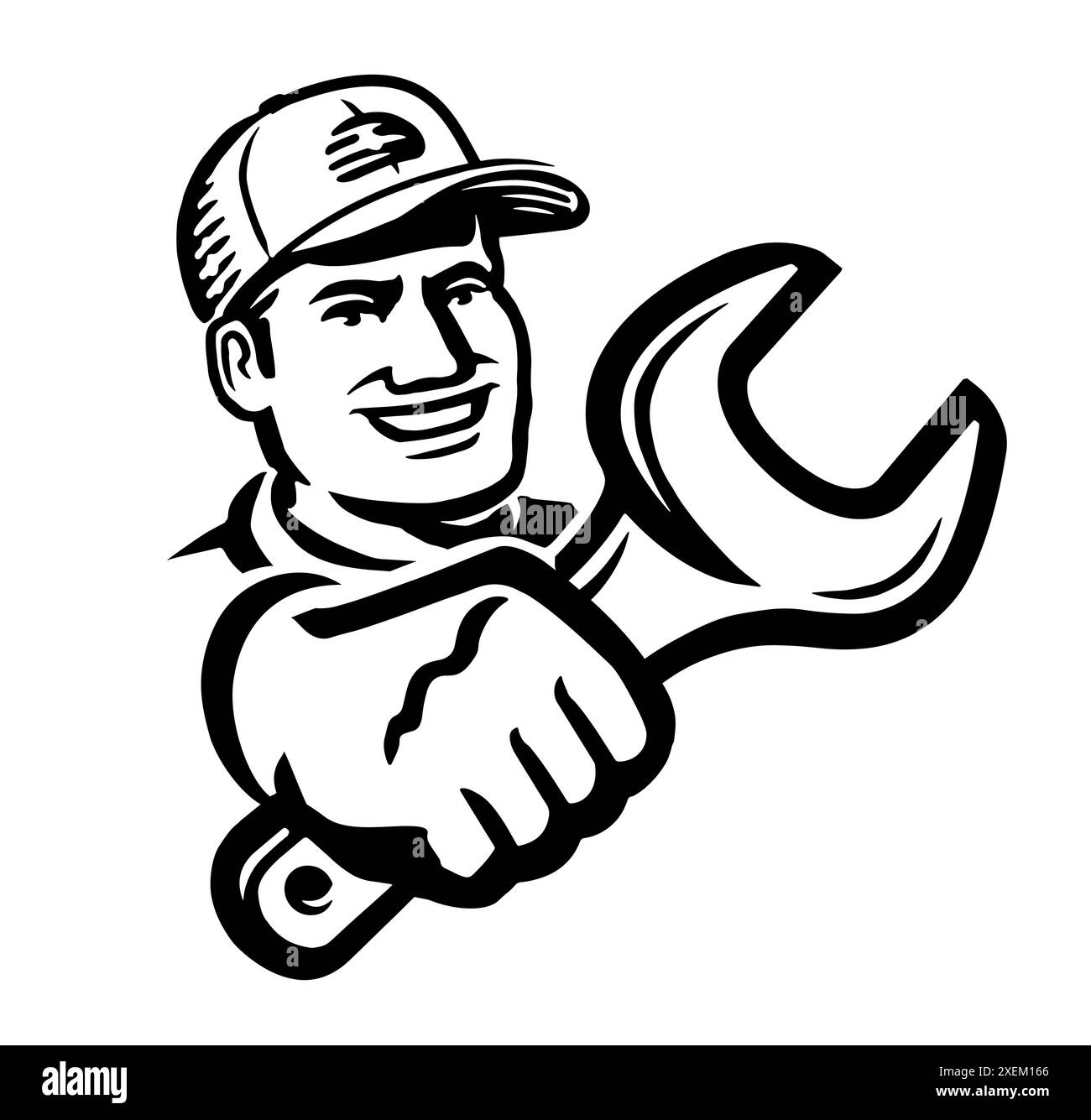 Mechaniker oder Handwerker mit Schraubenschlüssel. Servicebetrieb mit Schlüssel, Emblem oder Symbol. Schwarzweiß-Illustration Stock Vektor