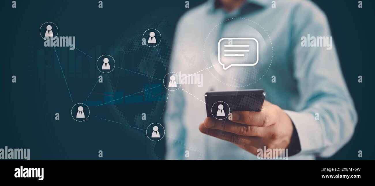 Internationale Geschäfte. Corporation Community, Remote Working Team Konzept mit Geschäftsmann in Hemd und Ikonen Stockfoto