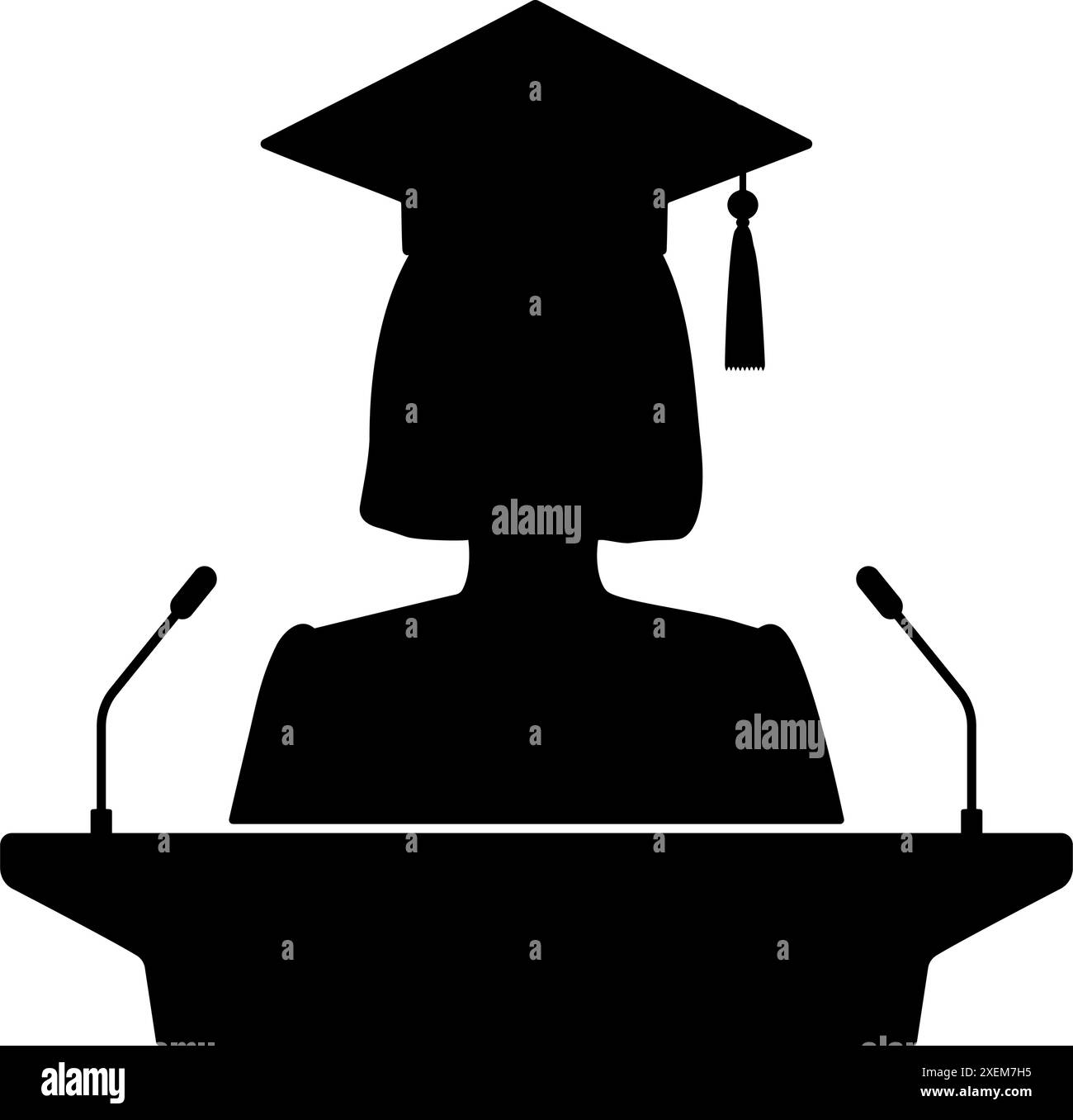 Silhouette einer weiblichen Absolventin, die Rede auf dem Podium hält. Vektorabbildung Stock Vektor