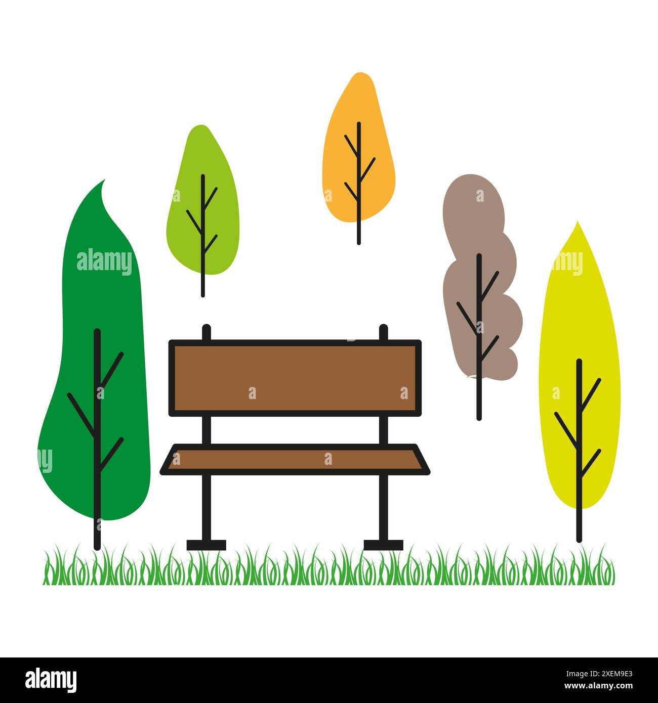 Abbildung der Parkbank. Herbstbaumsymbol. Farbenfrohe Naturszene. Vektorlandschaft. Stock Vektor