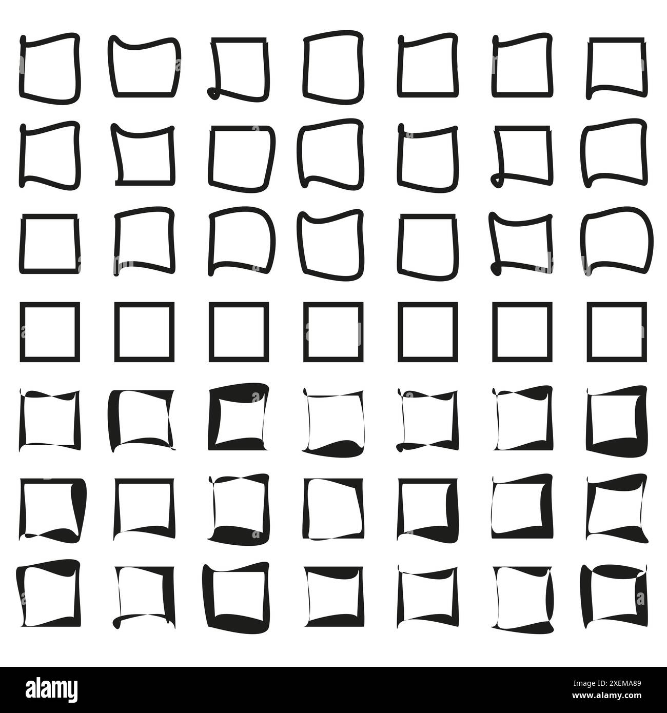 Handgezeichnete quadratische Symbole. Abstrakte geometrische Formen. Schwarz-weiß-Vektor. Kreatives Rahmenset. Stock Vektor