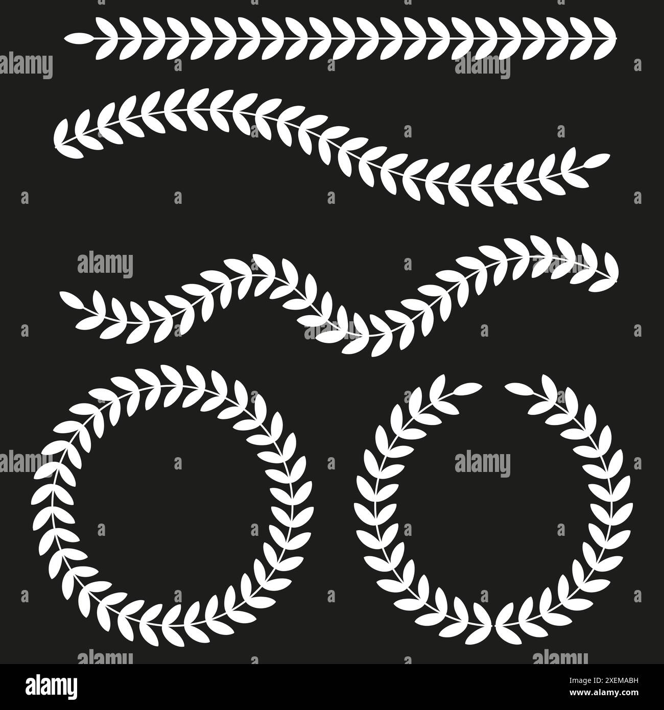 Lorbeerkranz-Symbole. Gekrümmte Blattmuster. Schwarzer Hintergrundkontrast. Vektorabbildung. Stock Vektor