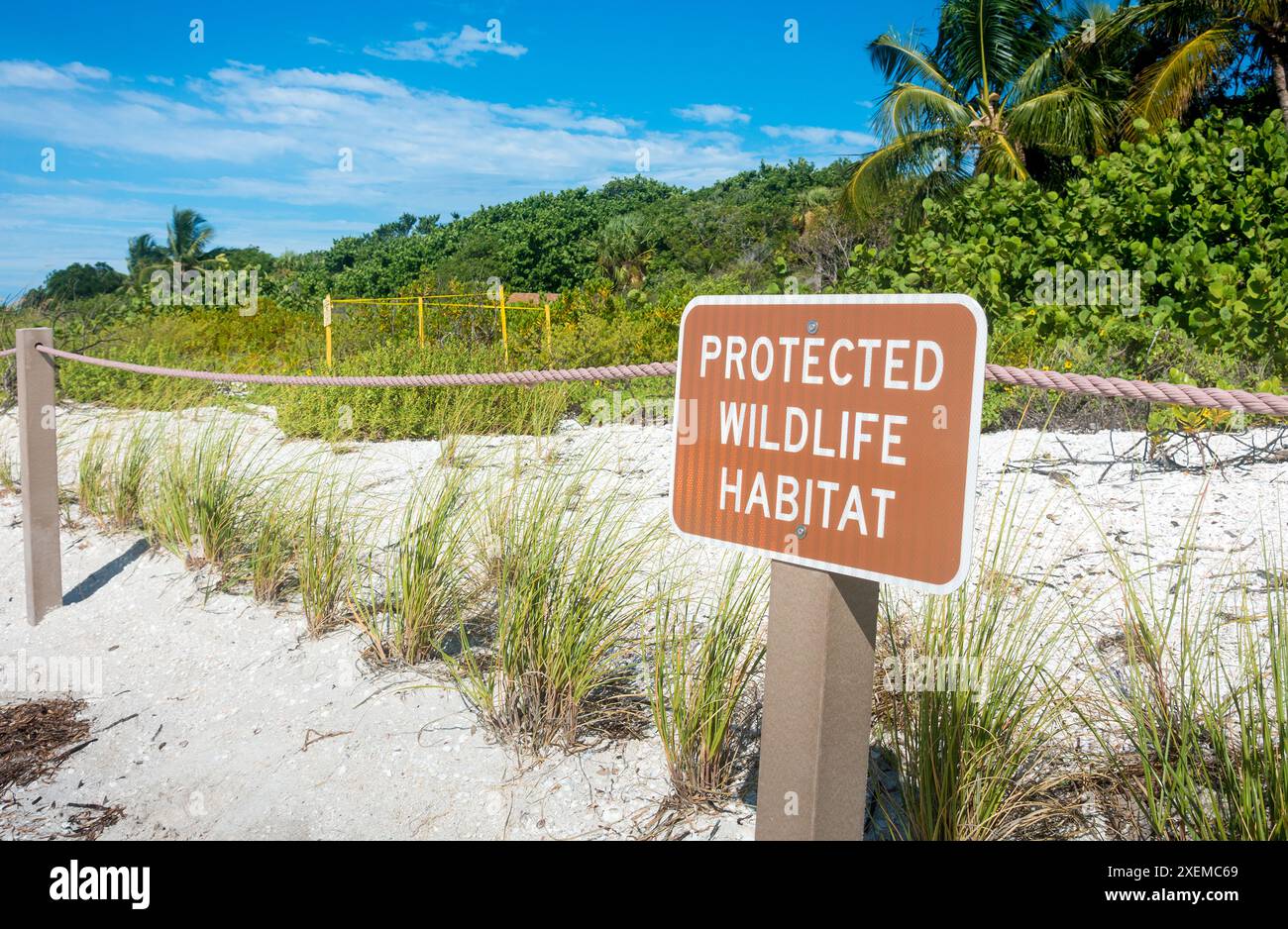 Ein Marker, der die Position eines Nistplatzes für Meeresschildkröten am Strand in Sanibel, Florida, angibt Stockfoto