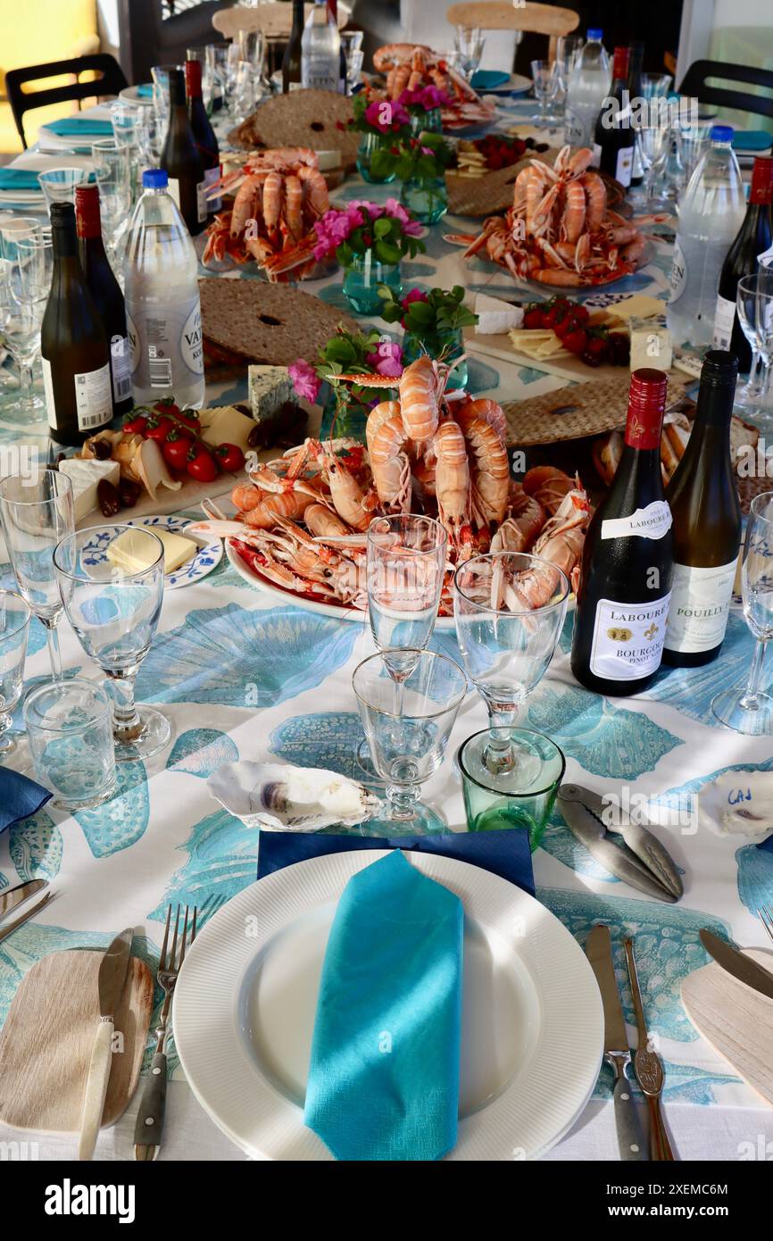 Gekochte Langusten, Nephrops norvegicus, auch Kaisergranat genannt (havskräfta auf Schwedisch), verzehrfertig auf dem Esstisch in Schweden. Stockfoto