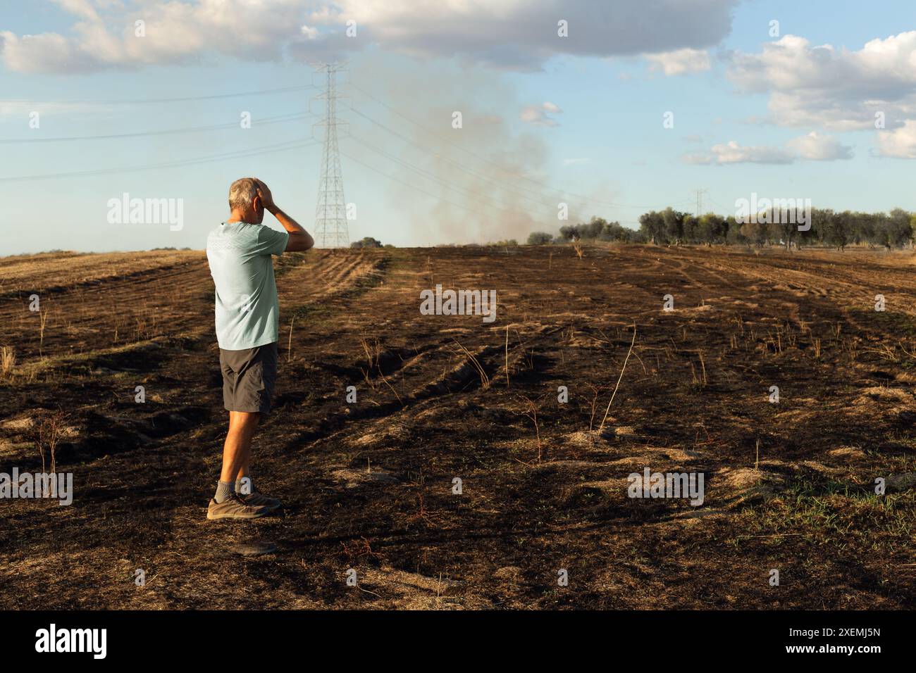 Ein Mann auf dem Rücken schaut nach dem Feuer auf sein verbranntes Feld. Er hat seine Hände auf dem Kopf. Es gibt immer noch Rauch von unten. Er befindet sich links vom Stockfoto