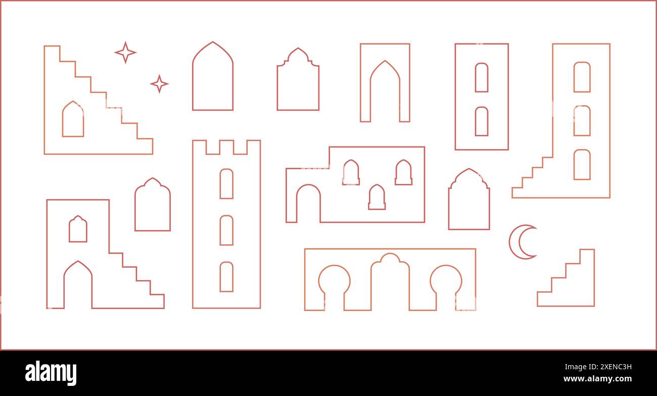 Säumen Sie arabische Altstadtgebäude, Häuser, Bögen. Einfache Umrissvektormedina, Stern, Halbmondformen. Stock Vektor