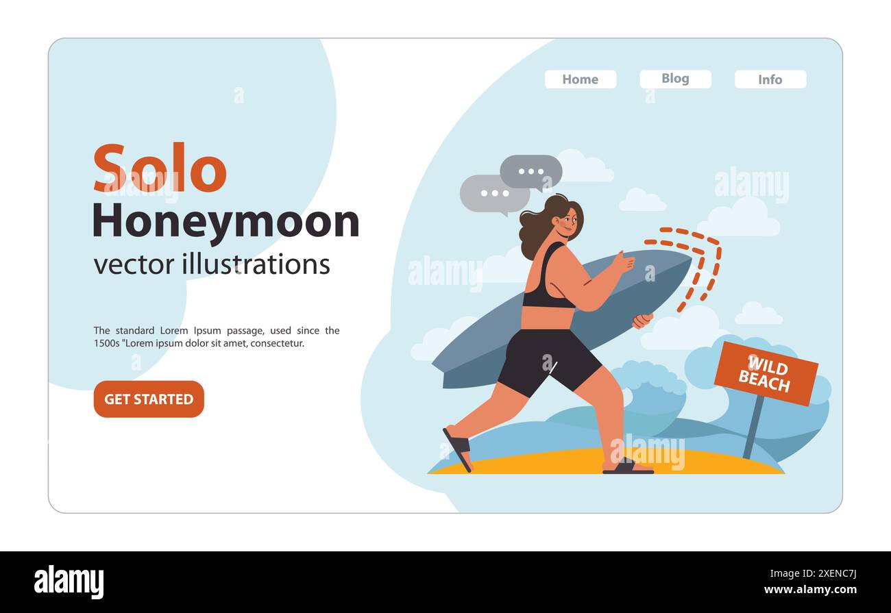 Webbanner oder Landingpage für Alleinreisende oder Flitterwochen im Sommer. Charakter, der Zeit am Strand verbringt. Eine junge Frau im Badeanzug, die ein Surfbrett hält. Illustration des flachen Vektors Stock Vektor