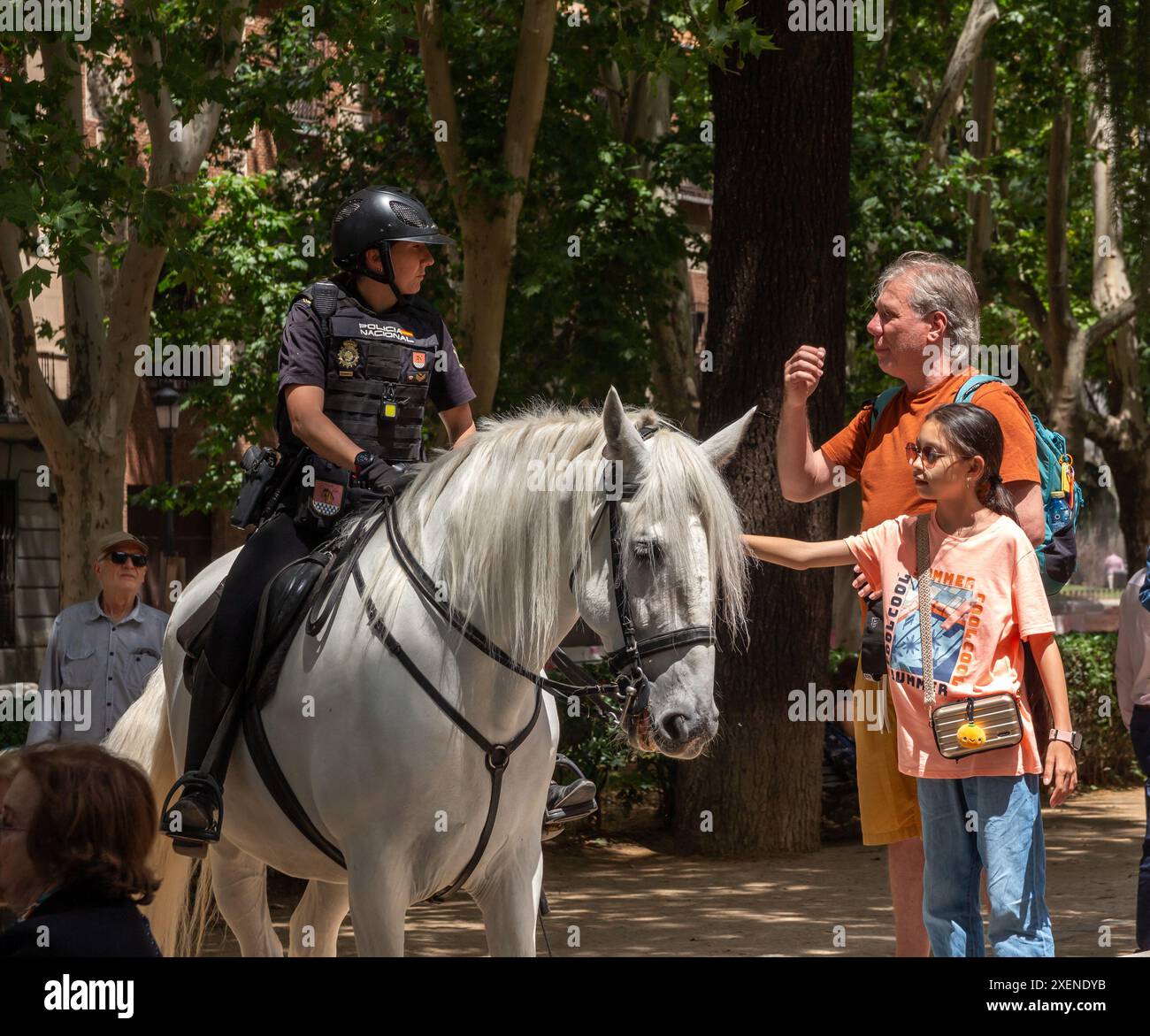 06.19.2024, Madrid, Spanien: Weibliche Polizeibeamte auf weißem Pferd, die mit einem älteren Mann und einem kleinen Mädchen, das das Pferd berührt, spricht Stockfoto