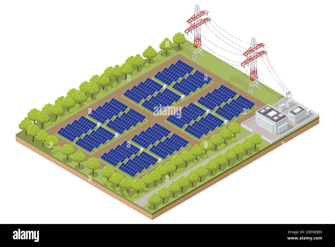 Isometrische Photovoltaik, Solarmodule, Effizienz, Wechselrichter, Solarbatterien, Stromerzeugung, erneuerbare Energien, Solarkraftwerk, Regierung Stock Vektor