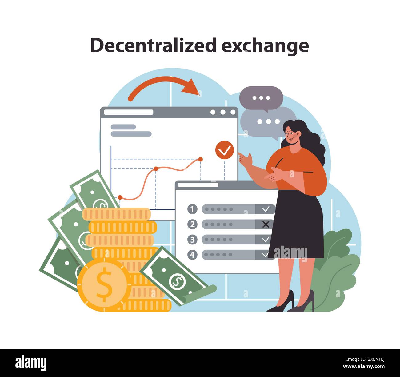 Defi, dezentrale Finanzierung. Dezentralisierter Austausch von Kryptowährungen. Intelligente verteilte Ledger-Technologie für Anlagenoperationen ohne herkömmliche zentralisierte Intermediäre. Illustration des flachen Vektors Stock Vektor