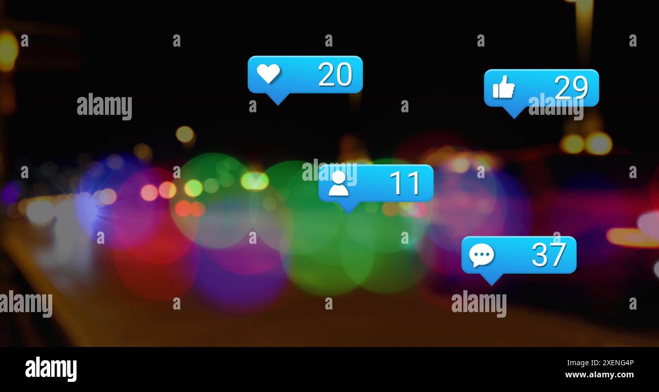 Bild von Social-Media-Ikonen und Lichtpunkten vor verschwommenem Blick auf den nächtlichen Stadtverkehr Stockfoto
