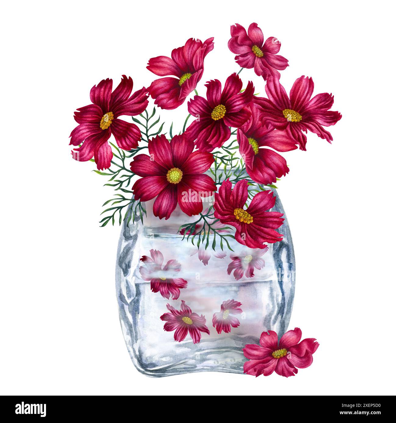 Vase aus klarem Vintage-Glas mit einem Blumenstrauß aus roten und violetten Kosmos. Aquarellillustration für Designvorlagen zum Muttertag, Valentinstag da Stockfoto