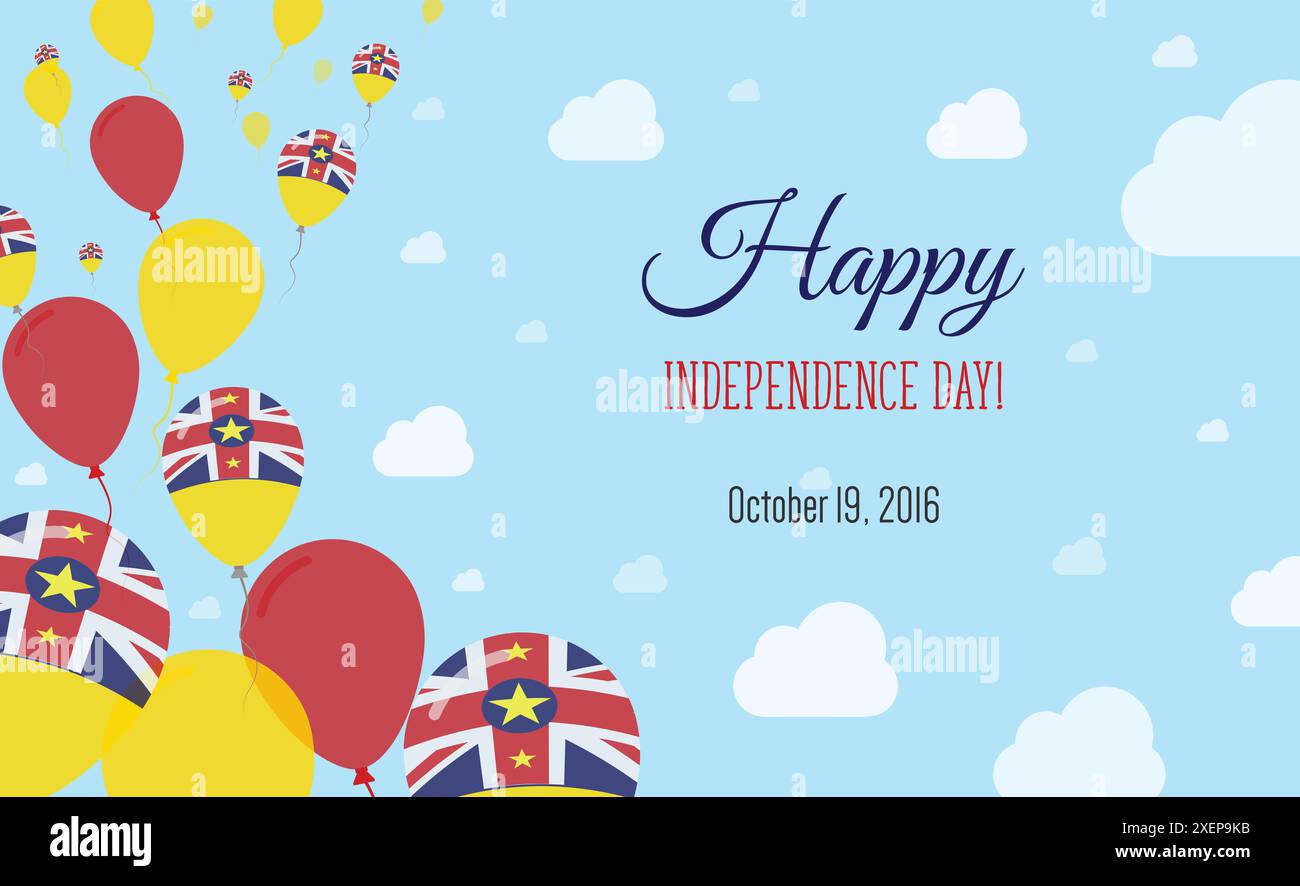 Funkelndes Patriotisches Poster Zum Unabhängigkeitstag Von Niue. Reihe von Referenzkreisen in Farben der niueischen Flagge. Grußkarte mit Nationalflaggen, Blue Skyes und Clou Stock Vektor