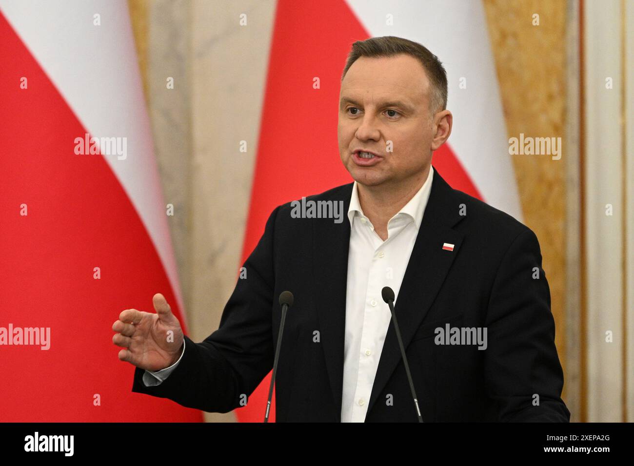 Lemberg, Ukraine - 11. Januar 2023: Polnischer Präsident Andrzej Duda hält eine Pressekonferenz in Lemberg. Stockfoto
