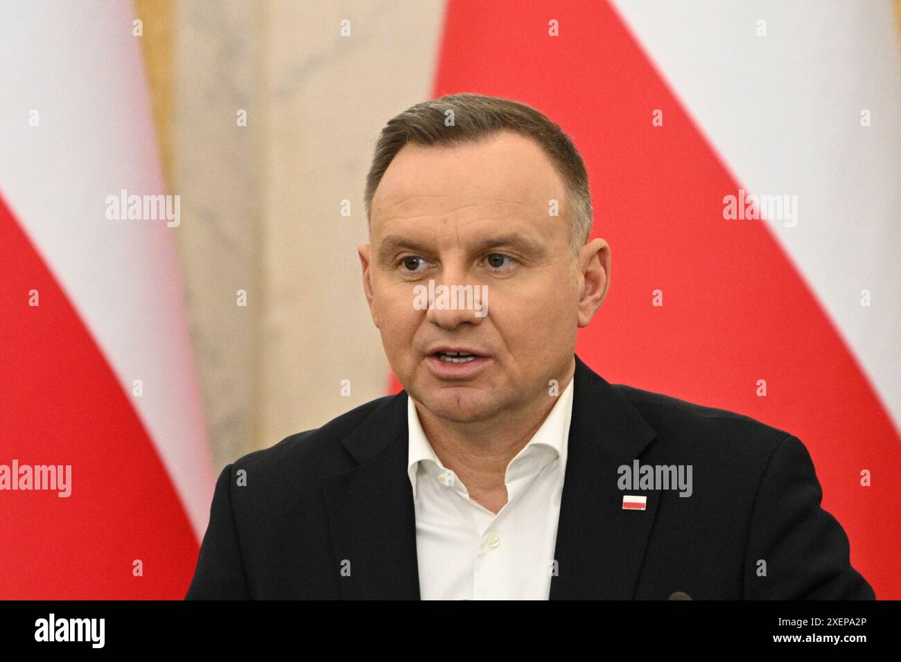 Lemberg, Ukraine - 11. Januar 2023: Polnischer Präsident Andrzej Duda hält eine Pressekonferenz in Lemberg. Stockfoto