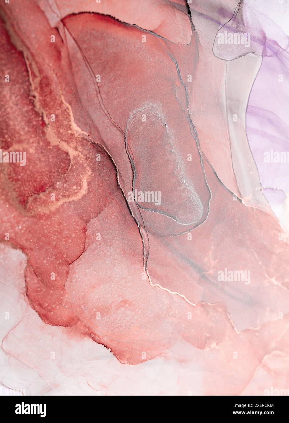 Ein abstraktes Nahbild von wirbelnder Tinte in Roségold- und Grautönen. Die komplizierten Muster schaffen ein einzigartiges und faszinierendes visuelles Erlebnis Stockfoto