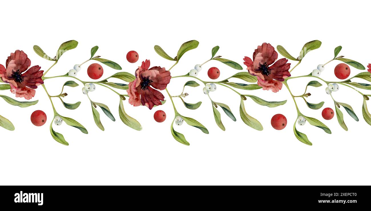 Mistelzweige hinterlassen Beeren, Mohnanemonenblüte. Handgezeichnete Aquarellillustration, nahtloses Banner isoliert auf weiß. Weihnachten, frohes neues Jahr Stockfoto