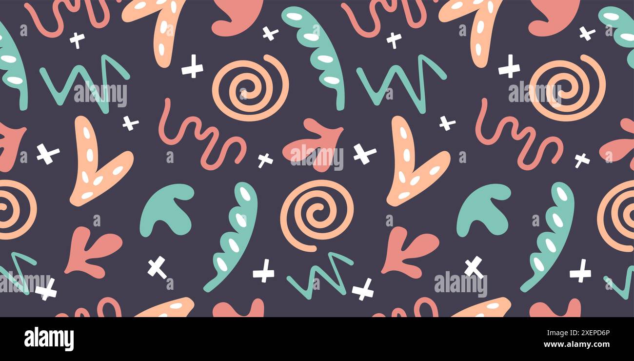 Farbenfrohes, nahtloses Doodle-Muster mit schlichten Formen. Handgezeichneter minimalistischer Stil auf dunklem Hintergrund. Stock Vektor