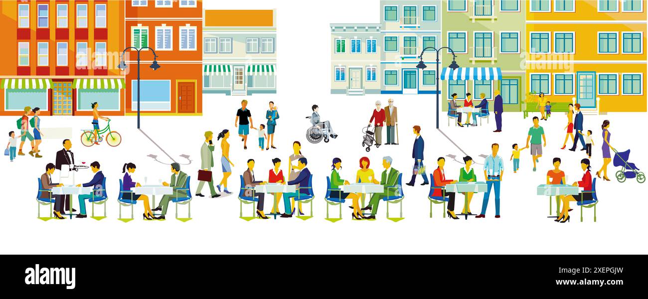 Stadtsilhouette mit Gruppen von Personen, die Freizeit in einem Wohnviertel haben, Illustration Stockfoto