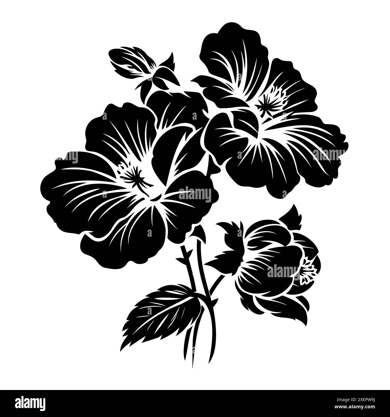 Schwarz-weiße Blumenillustration mit detaillierten Blütenblättern Stock Vektor