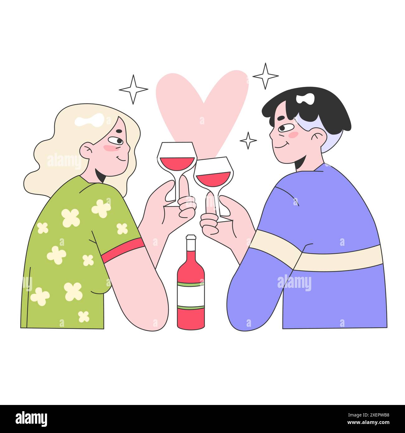 Niedliches romantisches Paar auf einem romantischen Date, das Wein trinkt. Junge Frau und verliebter Mann verbringen Zeit miteinander. Zärtlichkeit in einer Beziehung. Illustration des flachen Vektors Stock Vektor