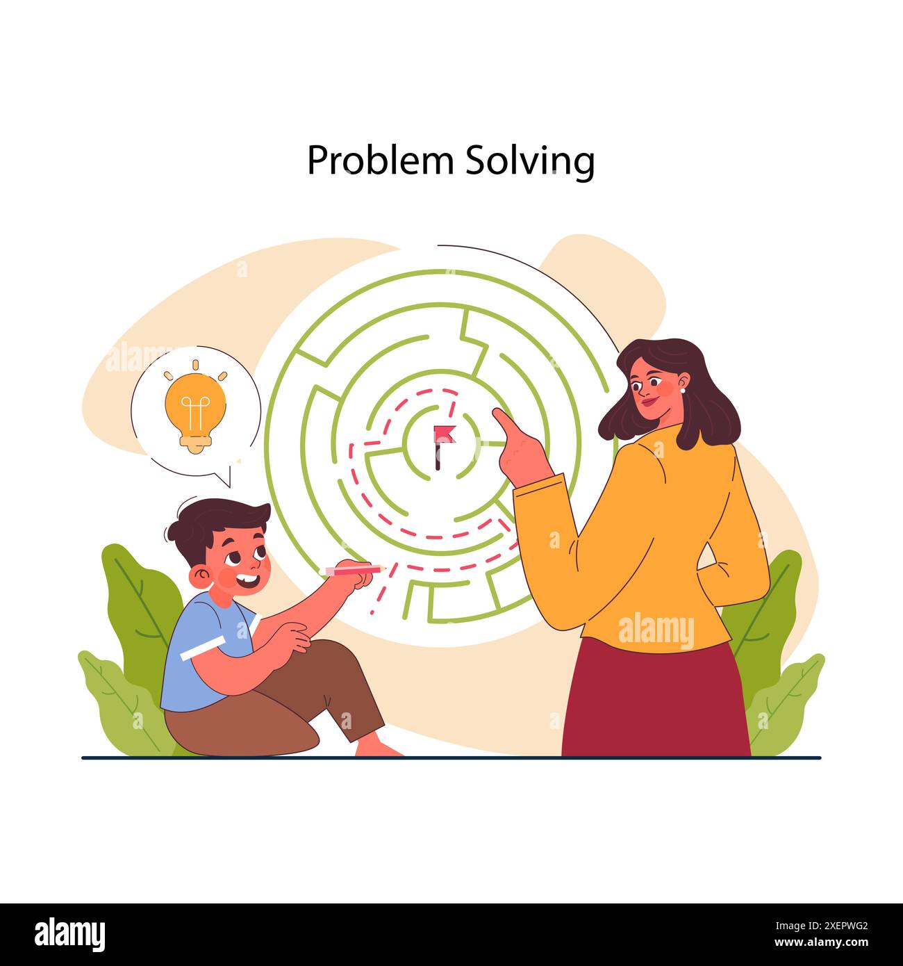 Mom bringt ihrem Kind bei, einen Weg aus der schwierigen Situation zu finden. Lösungsentwicklung. Positive Tipps zur Erziehung oder Förderung. Bildung der täglichen Fähigkeiten Ihres Kindes. Illustration des flachen Vektors Stock Vektor