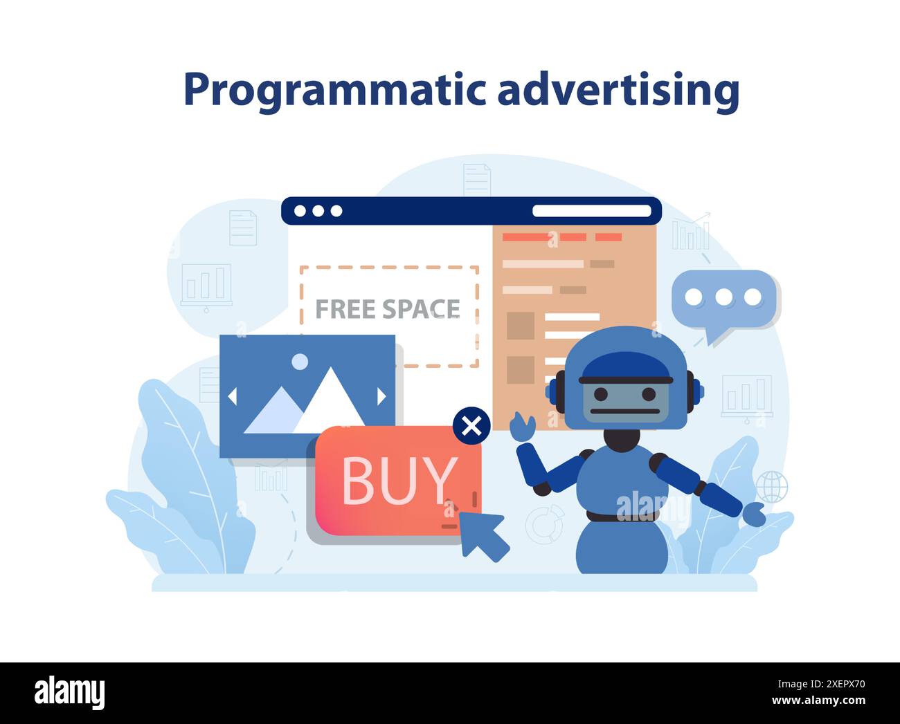 Programmatische Werbung. Automatisierte Technologie für den Medienkauf. Marketingstrategie für native Online-Targeting-Werbeanzeigen. Beschaffung gezielter digitaler Werbung. Illustration des flachen Vektors Stock Vektor