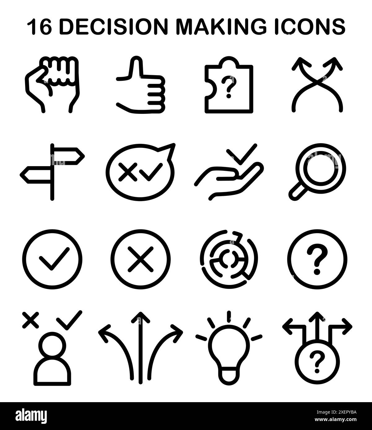 Symbole für die Entscheidungsfindung festgelegt. Symbol für strategisches Denken, Brainstorming und Lösungsforschung. Dilemma mit mehreren Optionen. Rationelle oder intuitive Wahl. Illustration des flachen Vektors Stock Vektor