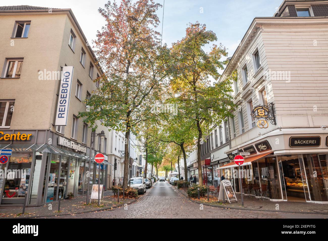 Dieses Bild zeigt die malerische Aussicht auf die Friedrich-Ebert-Straße in Wuppertal. Die Straße ist gesäumt von herbstlichen Bäumen und historischen Gebäuden Stockfoto