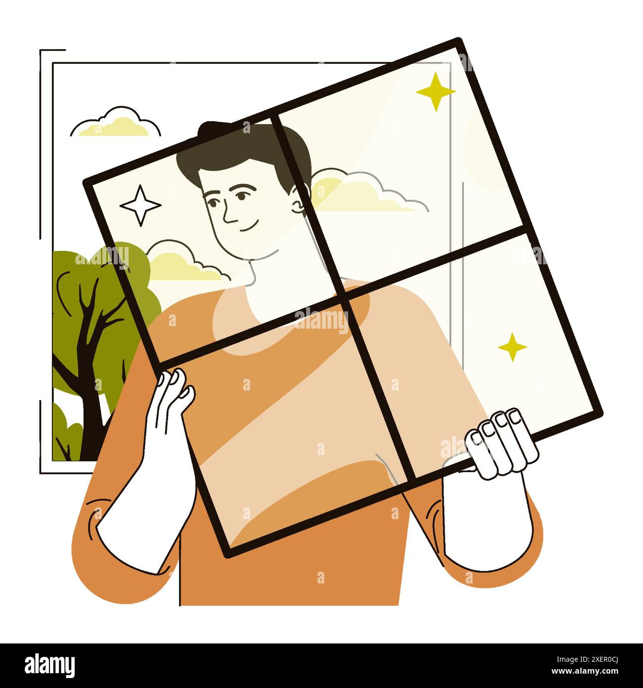 Nachrüstbewegung. Eine Figur, die ein Haus renoviert und ein altes Fenster ersetzt. Althausmodernisierung und -Verbesserung für nachhaltiges Wohnen. Bauarbeiten. Illustration des flachen Vektors Stock Vektor